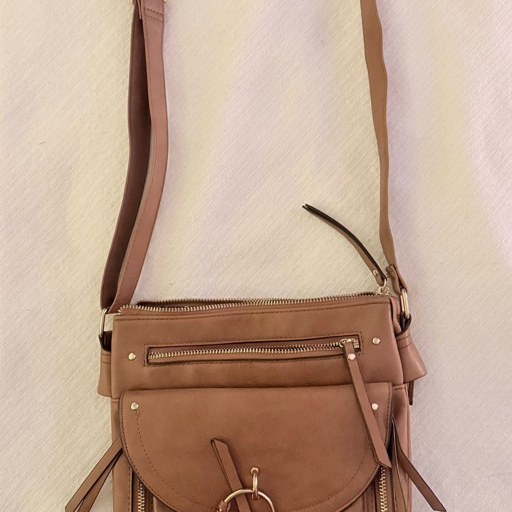 Women's cognac/camel Faux-Leather Crossbody Bag with Gold Accents